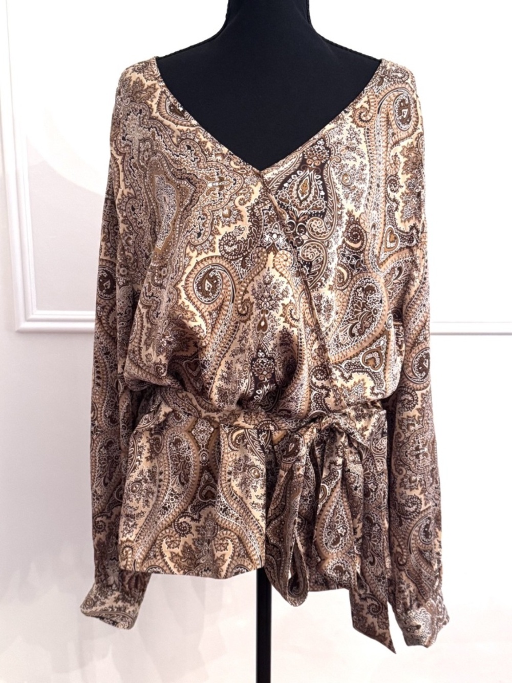 Talbots Woman 3X 100% Silk Paisley Blouse Plus Tie Sash V Neck Long Sleeve